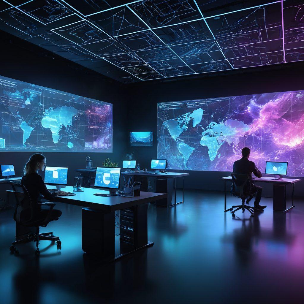 A futuristic workspace showcasing a sleek web design on monitors, interconnected cloud servers, and network infrastructure glowing with data streams. Multiple people collaborating with holographic projections, symbolizing digital transformation. Super-realistic. Vibrant colors. High-tech aesthetic.