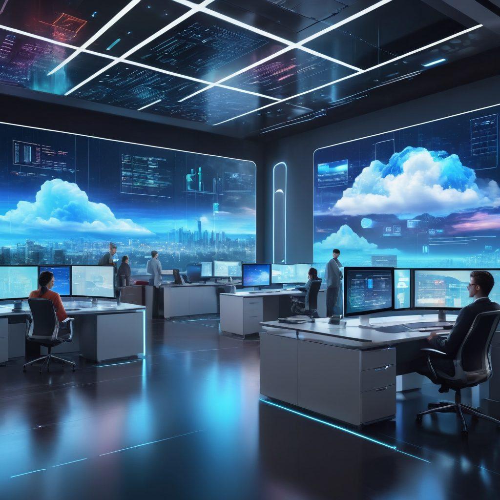 An intricately designed digital landscape integrating web development, IT solutions, and cloud services. Showcase a futuristic office environment with holographic screens, connected cloud icons, and coding elements blending seamlessly into it. Include diverse professionals collaborating and dynamic data flows. super-realistic. vibrant colors.
