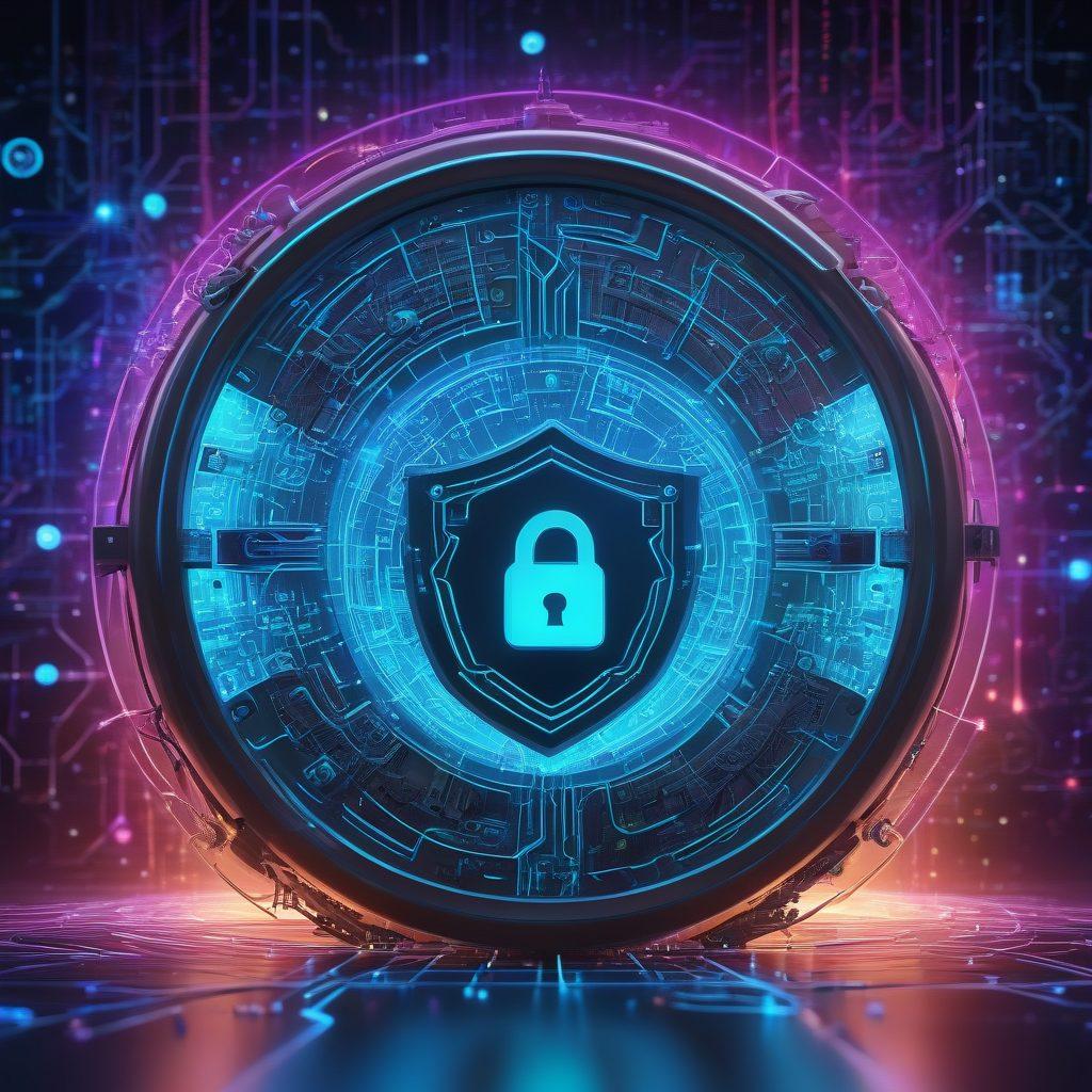 An interconnected web integrating IT solutions and cybersecurity shields, with digital strategy symbols like gears and analytics merging smoothly. Include visual elements such as locks, codes, and network grids glowing amidst a tech-savvy backdrop. futuristic and sleek design. super-realistic. vibrant colors.